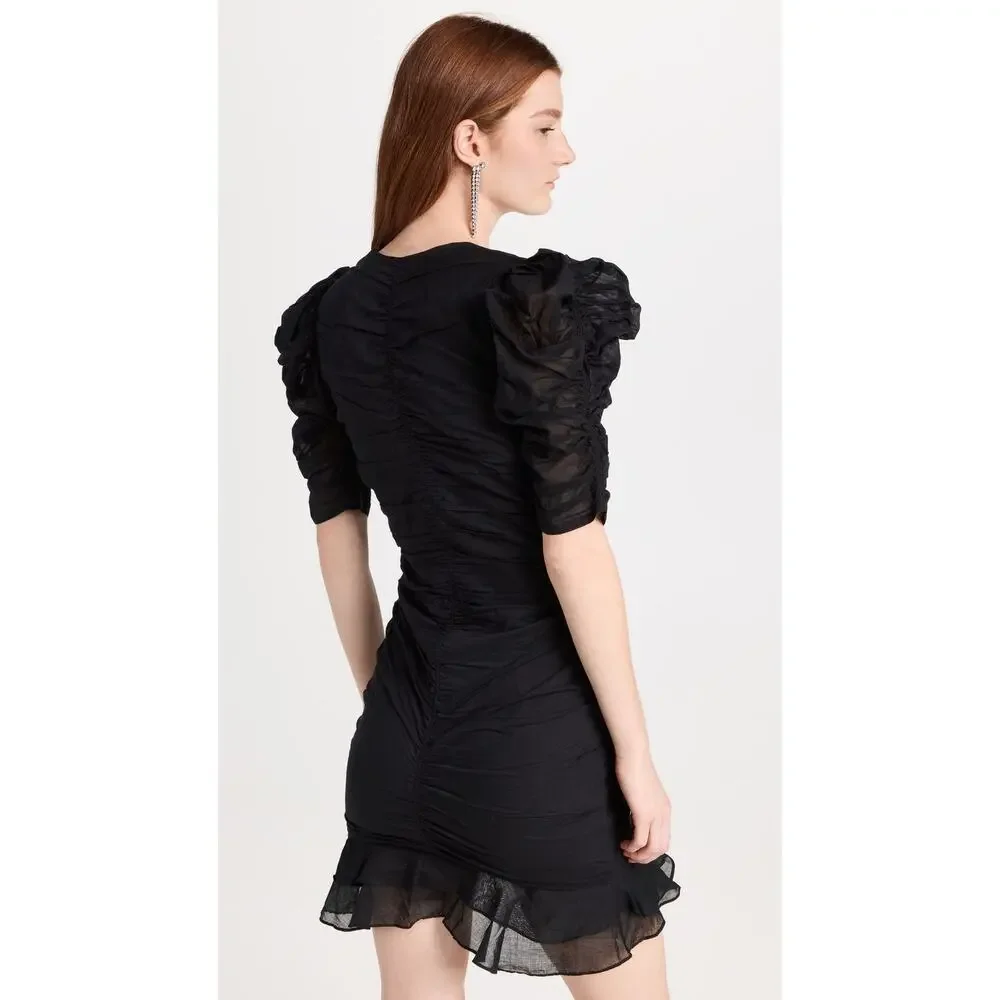 Isabel Marant Etolie 6 Sireny Puff-sleeve Mini Dress $590 Ruched Cotton Black 38